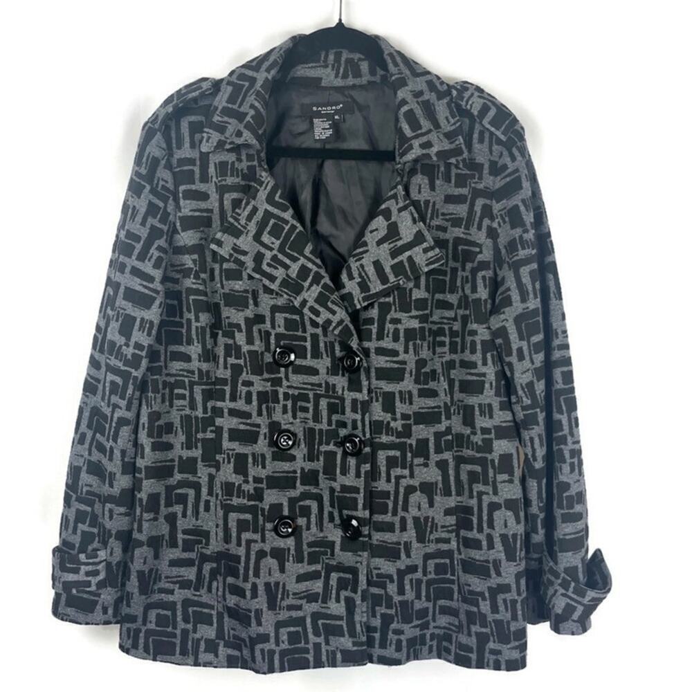 SANDRO Womens Geometric Gray/Black Double Breasted Blazer XL Dark Academia